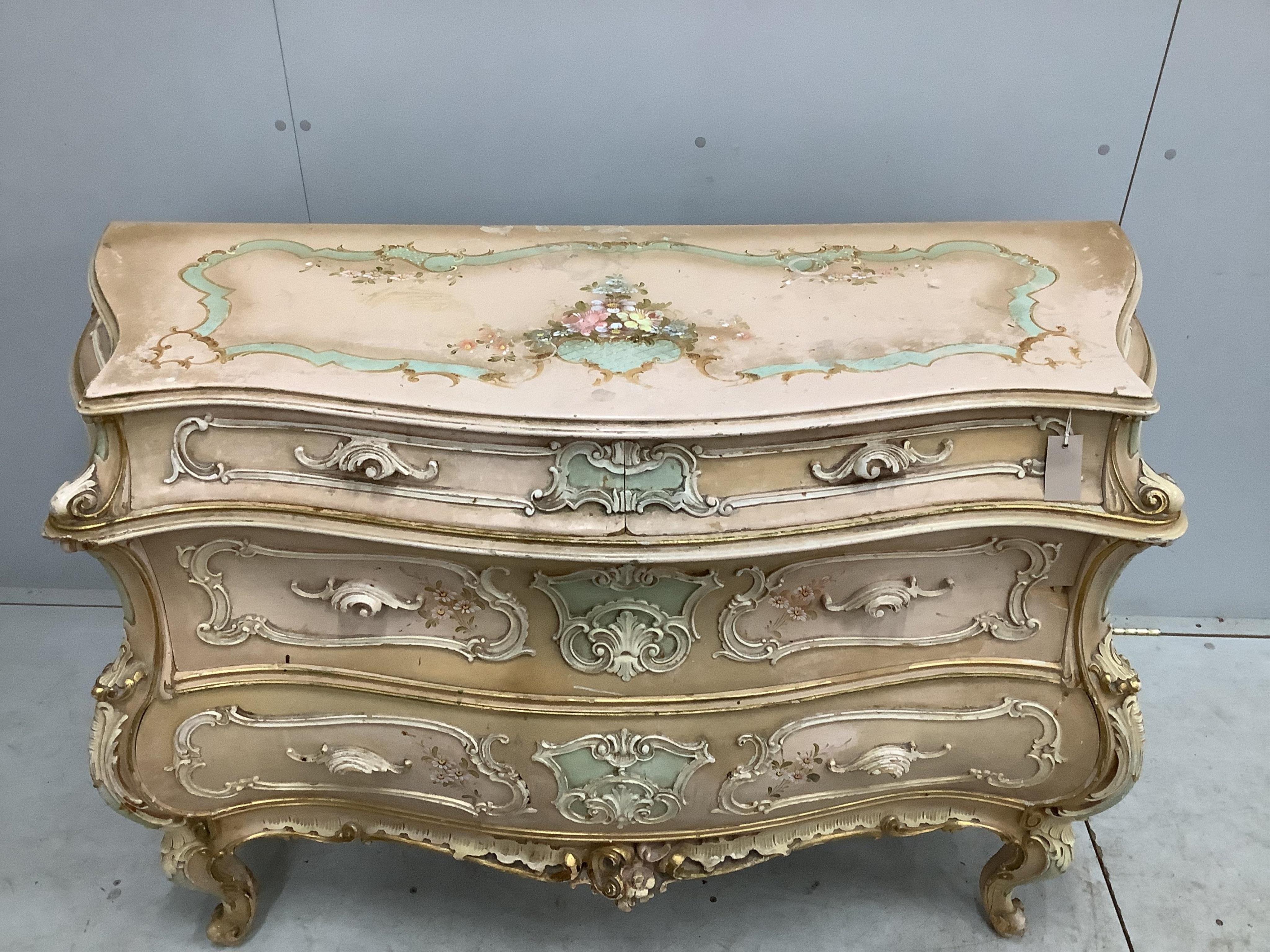 A French Rococo style painted bombe commode, width 140cm, depth 48cm, height 88cm. Condition - fair